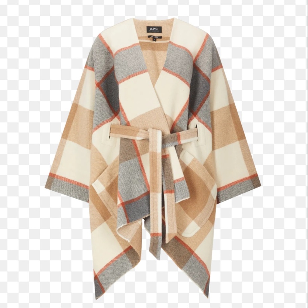 A.P.C. Yuma Check Wool-Blend Cape in Cream, Gray, and Tan